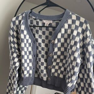 Sincerely Jules Blue & Cream Checkerboard Cropped Cardigan